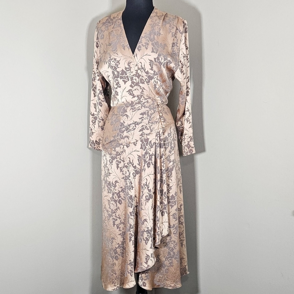 80's Jaquard Swing Dress Wrap Front Feminine Mob wife Glam 12 Runs Small